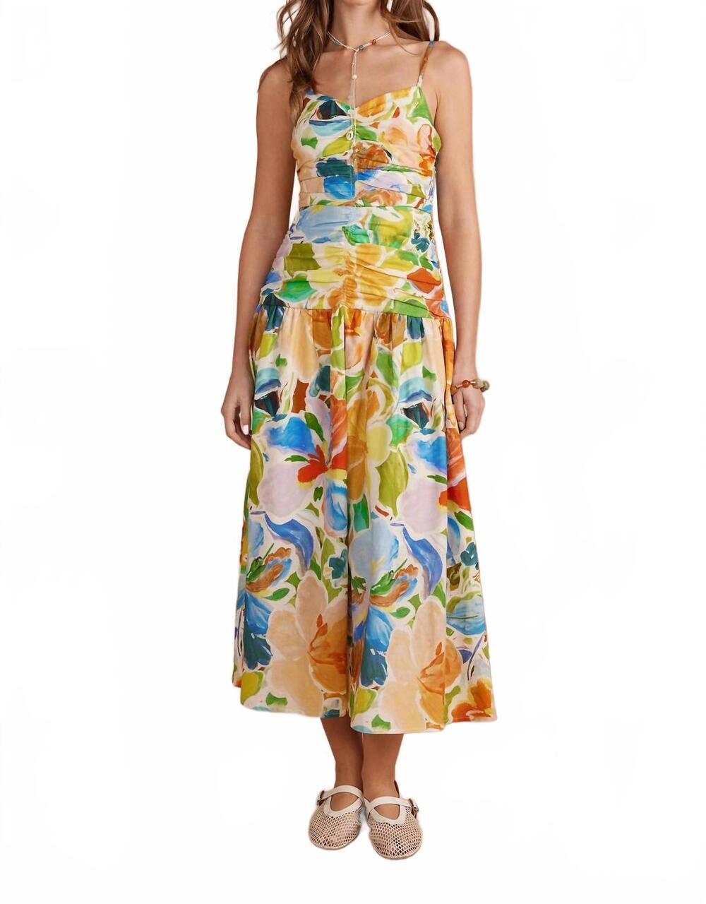 NEW STRUT & BOLT floral print shirred sleeveless long dress in green multi